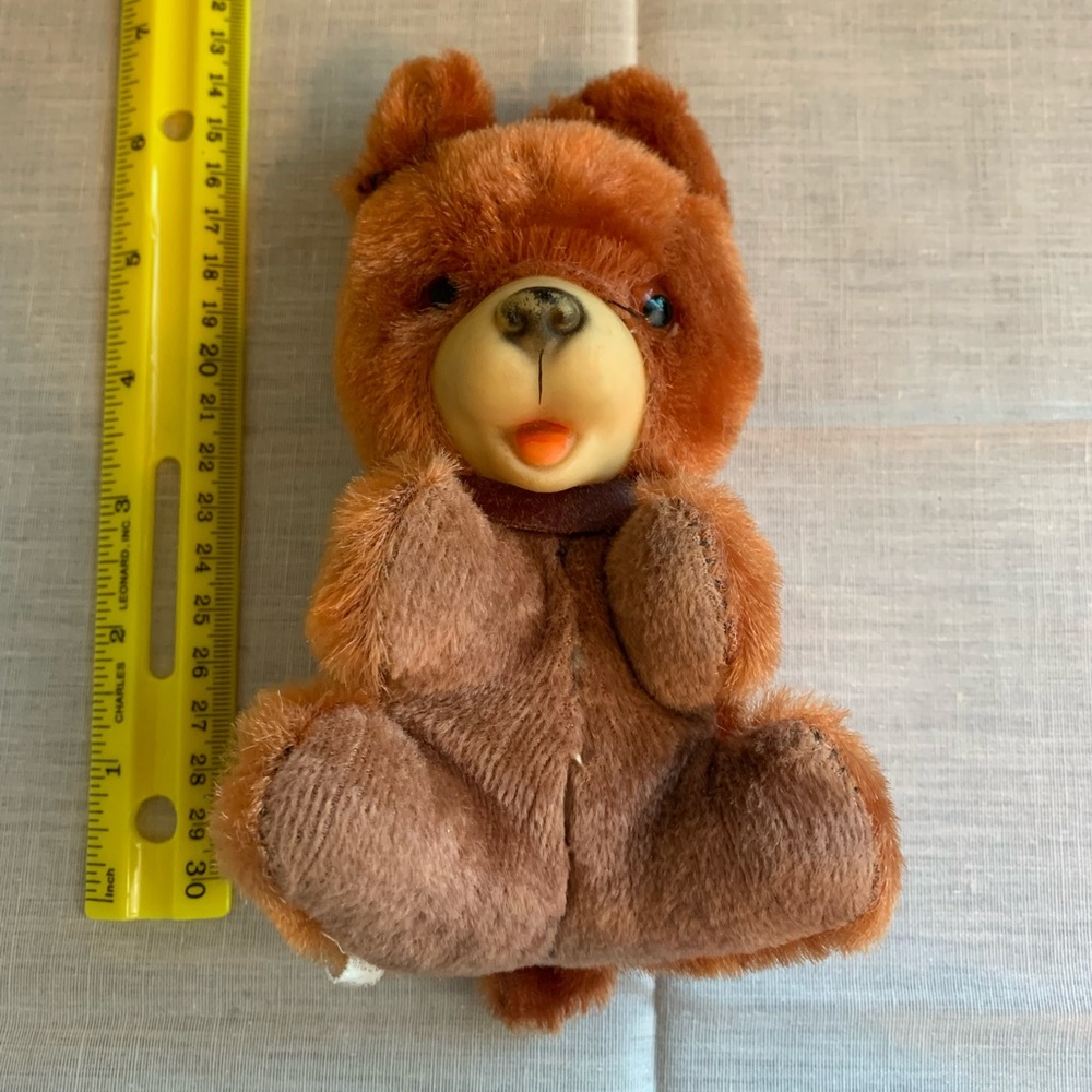 Vintage Teddy Bear squeaky toy japan plush Red Brown Plastic Face Stuffed Animal
